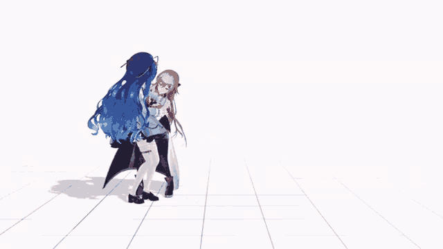 a 3d model of a girl with long blue hair and a cape