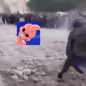 a picture of a cartoon character on a blue background with a group of people in the background