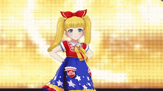 a girl in a red white and blue dress with the word popcorn on her skirt