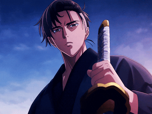 a man in a kimono is holding a sword in front of a blue sky with the word anime on the bottom