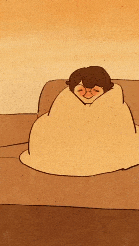 a cartoon drawing of a person wrapped in a blanket on a couch