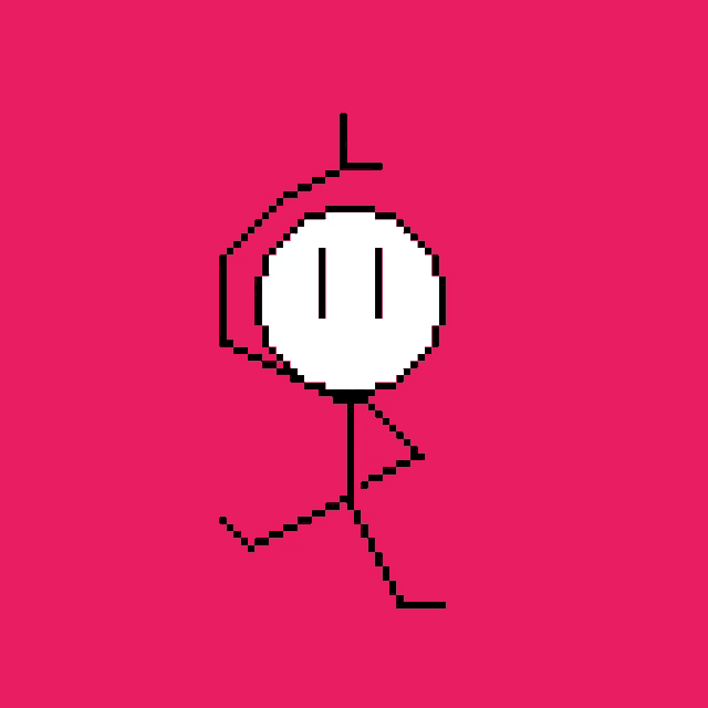 a pixel art drawing of a stick figure with two eyes and a circle in the middle