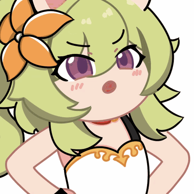 a cartoon girl with green hair and purple eyes