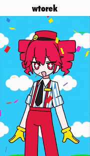 a cartoon girl with red hair and yellow gloves is standing in front of a blue sky and confetti .