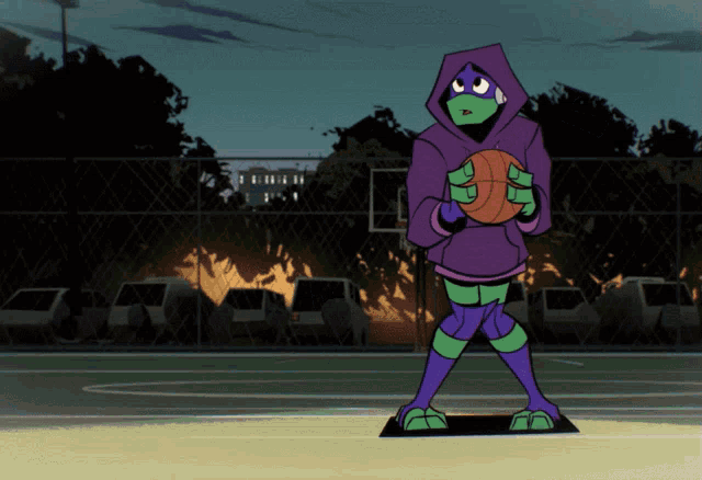 a cartoon character in a purple hoodie holds a basketball