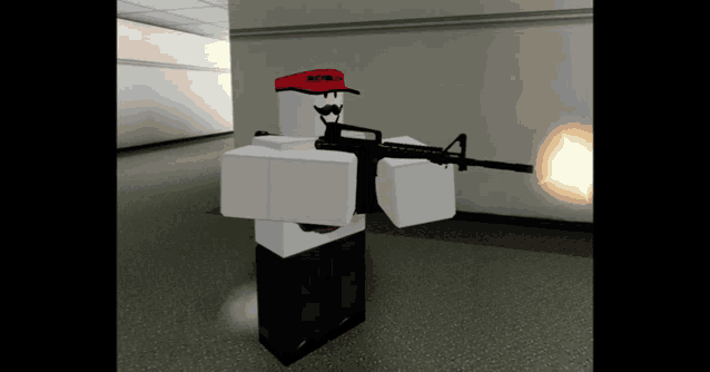 a roblox character is holding a gun and wearing a red hat with the word freedom on it
