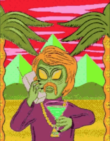 a cartoon of an alien talking on a phone while holding a martini