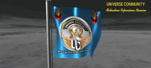 a blue flag that says uc on it is waving in the wind