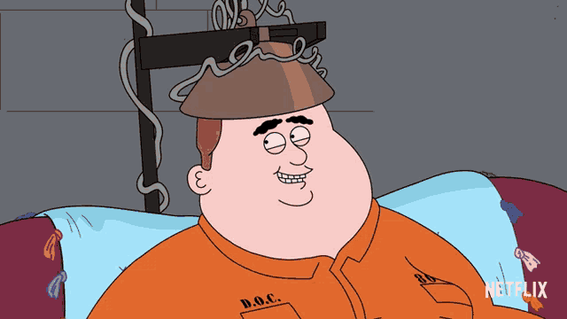 a cartoon of a man in a prison uniform with d.o.c. on his shirt
