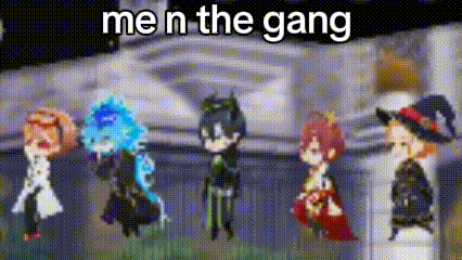 a group of anime characters standing next to each other with the words `` me n the gang '' written above them .