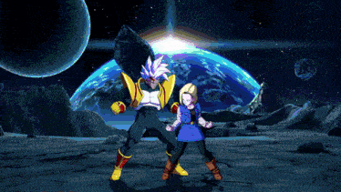a man and a woman are standing next to each other in front of a planet