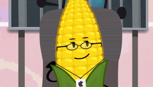 a cartoon corn on the cob with glasses and an apple necklace