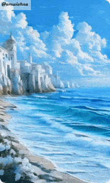 a painting of a city on a cliff overlooking a body of water