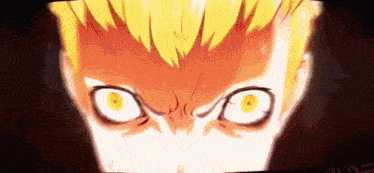 a close up of a person 's face with yellow hair and yellow eyes .