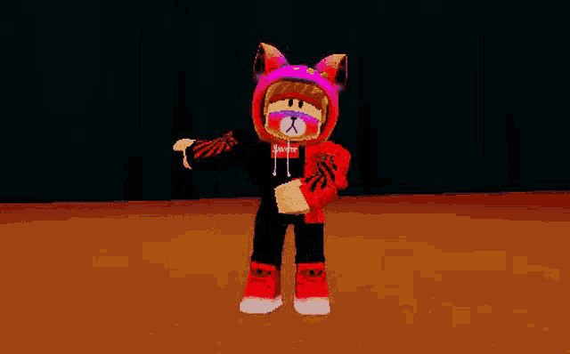 a cartoon character is standing on a stage wearing a pink cat costume and sunglasses .