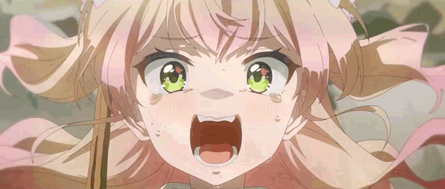 a girl with pink hair and green eyes is screaming with her mouth wide open