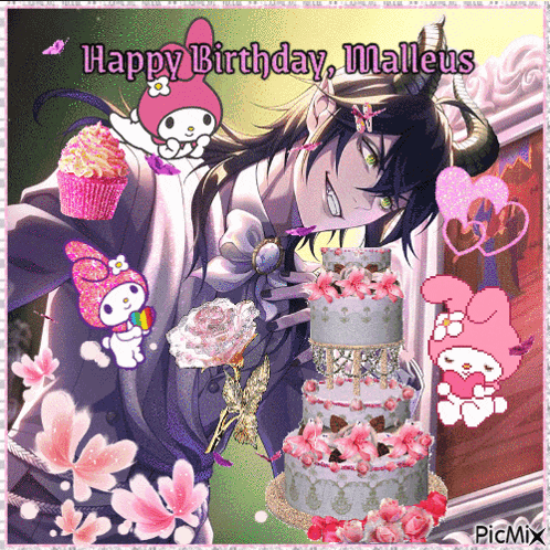 a picture of a man with horns holding a cake with the words happy birthday malleus