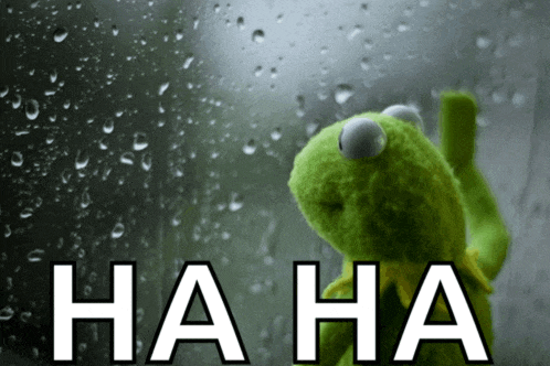 a kermit the frog is standing in front of a window with rain drops and the word " haha "