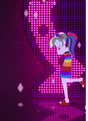 rainbow dash from my little pony equestria girls is dancing in front of a pink background