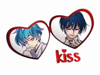 two hearts with blue hair and the word kiss in red