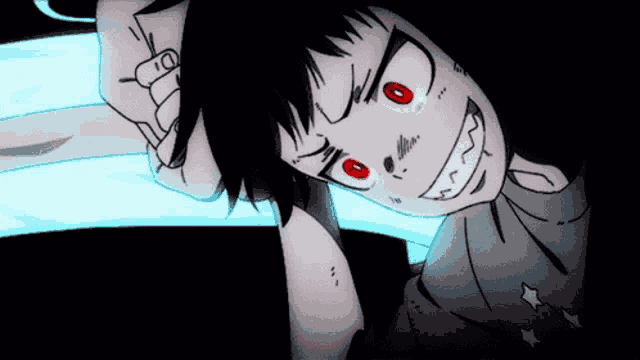a cartoon character with red eyes and a sword