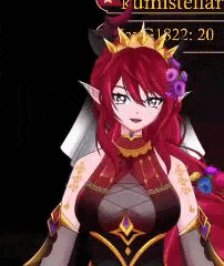 a red haired anime girl with a crown on her head is standing in front of a black background .