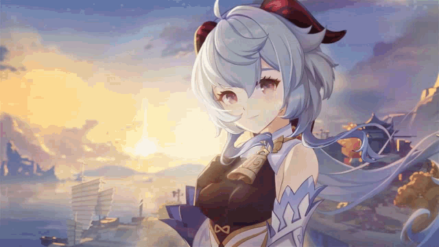 a blue haired anime girl with horns is smiling in front of a sunset