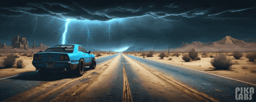 a blue car driving down a desert road with pika labs written on the bottom right