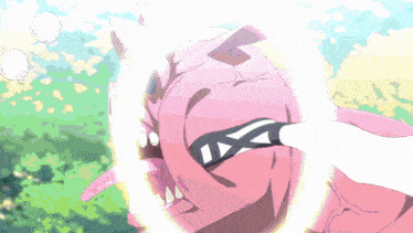 a cartoon drawing of a pink monster with a black x on its mouth