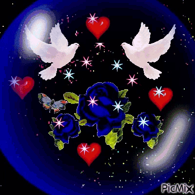 a picture of two doves surrounded by flowers hearts and stars with picmix written on the bottom