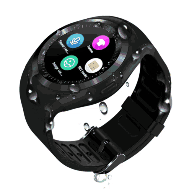 a smart watch has a few icons on the screen including a phonebook and a call log