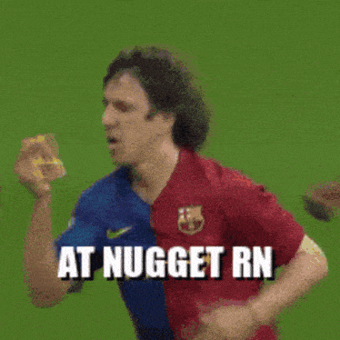 a man in a blue and red shirt with the words at nugget rn on it
