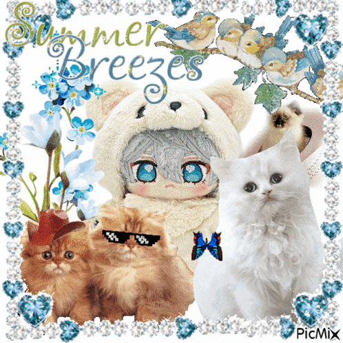 a picture of cats and a stuffed animal with the words summer breezes on the bottom