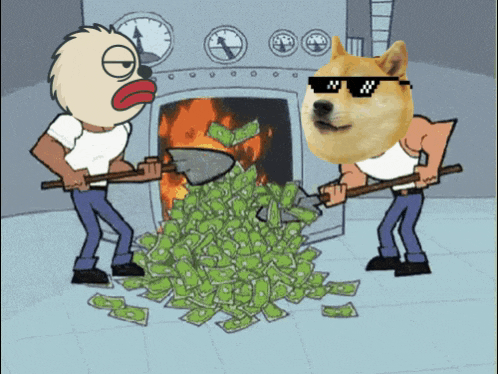 a doge wearing sunglasses is standing next to a man with a shovel in front of a pile of money