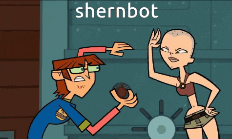 a cartoon of a man and a woman with the word shernbot on the bottom right