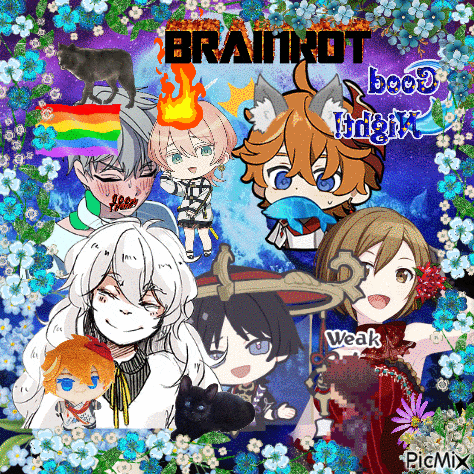 a group of anime characters are surrounded by flowers and the words brainhot boo2 night