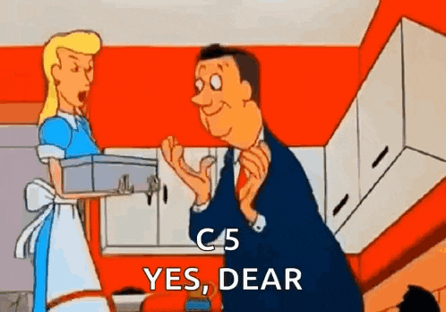 a cartoon of a man and a woman in a kitchen . the woman is holding a box and the man is smiling .