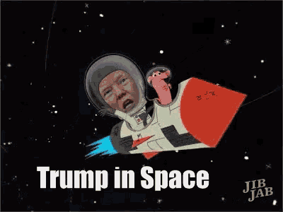 a cartoon of donald trump in space with a worm on his back .