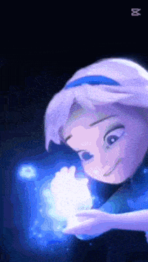 a little girl with purple hair is smiling and holding a blue object