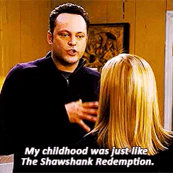 a man and a woman are talking and the man is saying that his childhood was just like the shawshank redemption