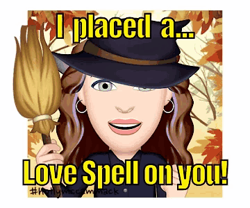 a witch holding a broom with the words " i placed a love spell on you "