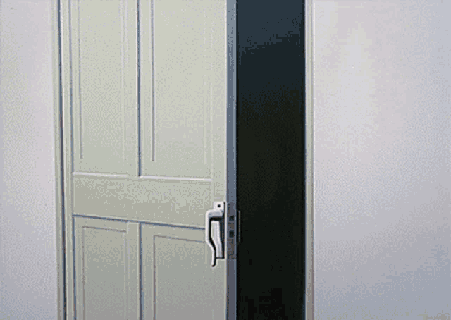 a green door with a handle is open to a dark room