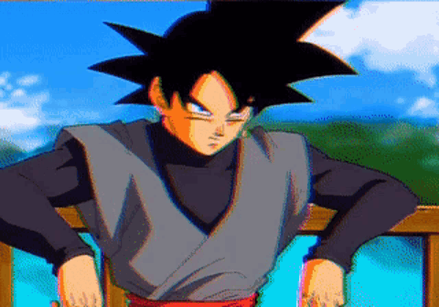 a cartoon character with a black hair and a gray shirt