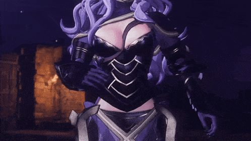 a woman with purple hair is wearing a purple and black armor