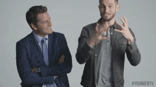 two men are standing next to each other with the hashtag #youngertv on the bottom right
