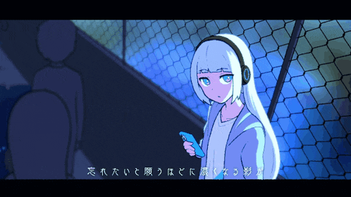 a drawing of a girl wearing headphones and holding a cell phone in front of a chain link fence