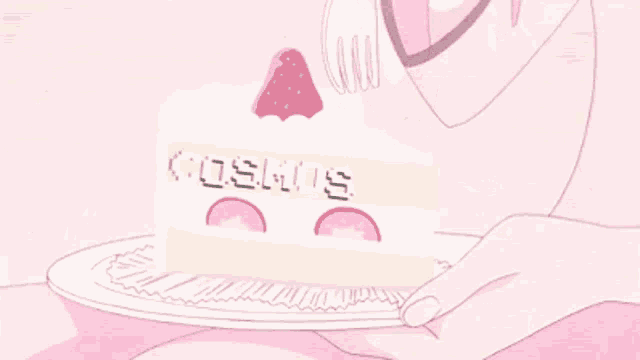 a person is eating a piece of cake with the word cosmos written on it