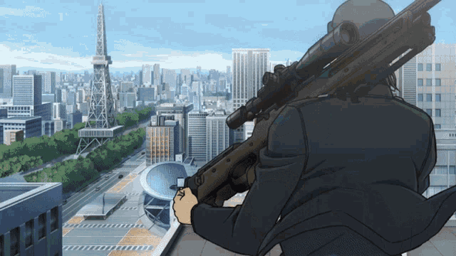 a man is holding a sniper rifle in front of a city skyline