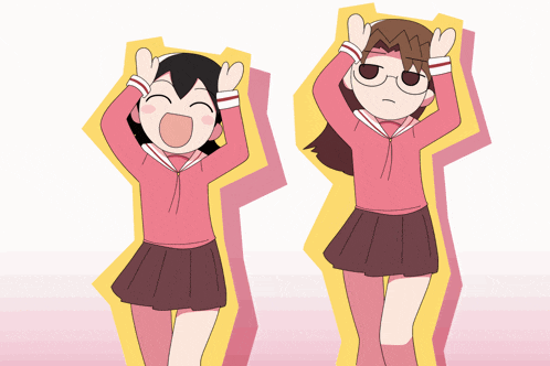 a cartoon of two girls dancing with their arms up