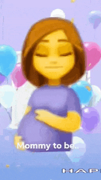a cartoon of a pregnant woman holding her belly with balloons behind her .